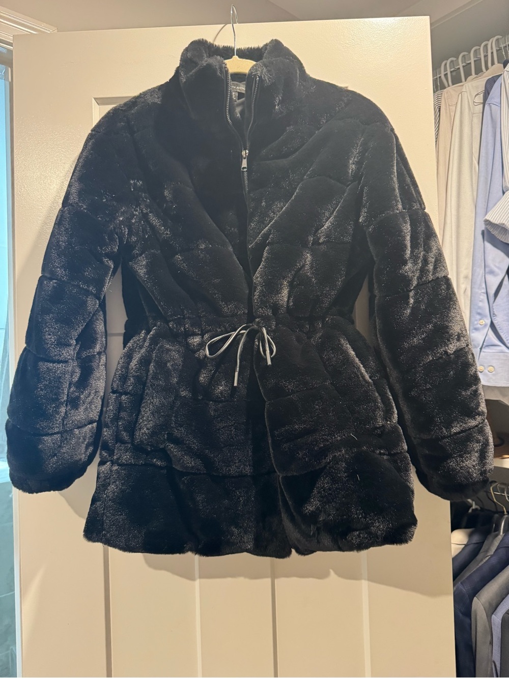 Saks Fifth Avenue Women's Black Faux Fur Zip-Front Coat with Drawstring Waist